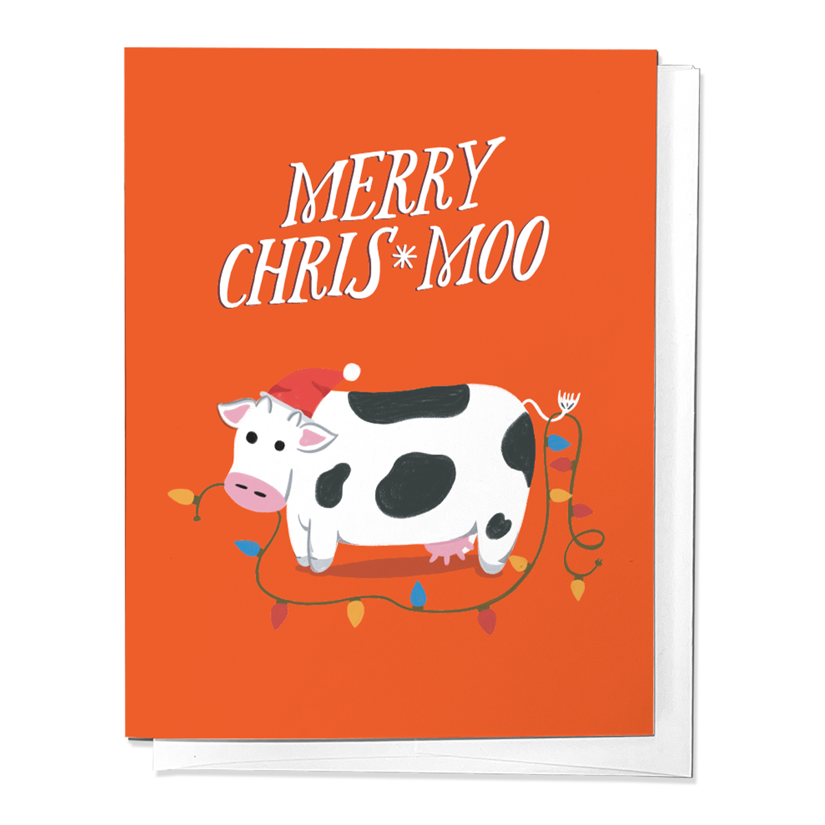 A greeting card with a cartoon cow wearing a Santa hat and decorated with Christmas lights, the text reads 'MERRY CHRIS*MOO'.