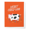 A greeting card with a cartoon cow wearing a Santa hat and decorated with Christmas lights, the text reads 'MERRY CHRIS*MOO'.