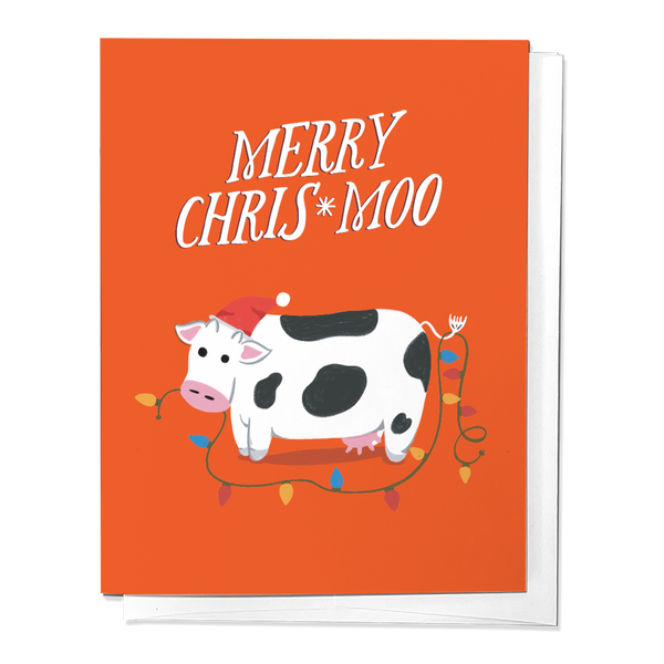 A greeting card with a cartoon cow wearing a Santa hat and decorated with Christmas lights, the text reads 'MERRY CHRIS*MOO'.