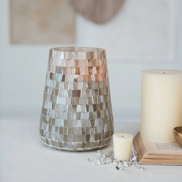GLASS MOSAIC CANDLE HOLDER/VASE, ANTIQUE PEWTER FINISH