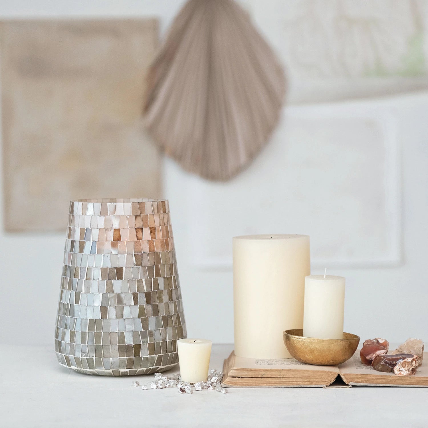 GLASS MOSAIC CANDLE HOLDER/VASE, ANTIQUE PEWTER FINISH