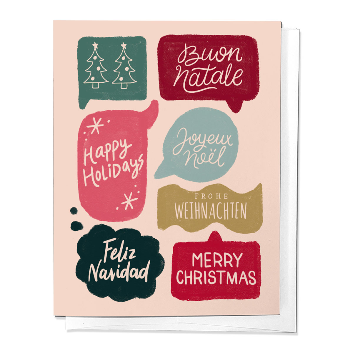 A set of folded Christmas greeting cards with various holiday greetings in different languages, featuring a Christmas tree and holiday decorations, printed on white card stock.