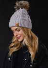 GRAY CABLE KNIT POM HAT