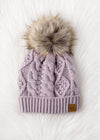 GRAY CABLE KNIT POM HAT