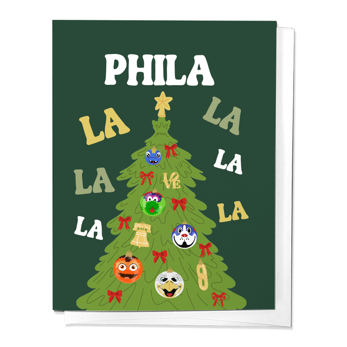 A Christmas-themed greeting card with a green background featuring a Christmas tree and various cartoon characters from Philly sports. The text 'PHILA LA LA' is prominently displayed.