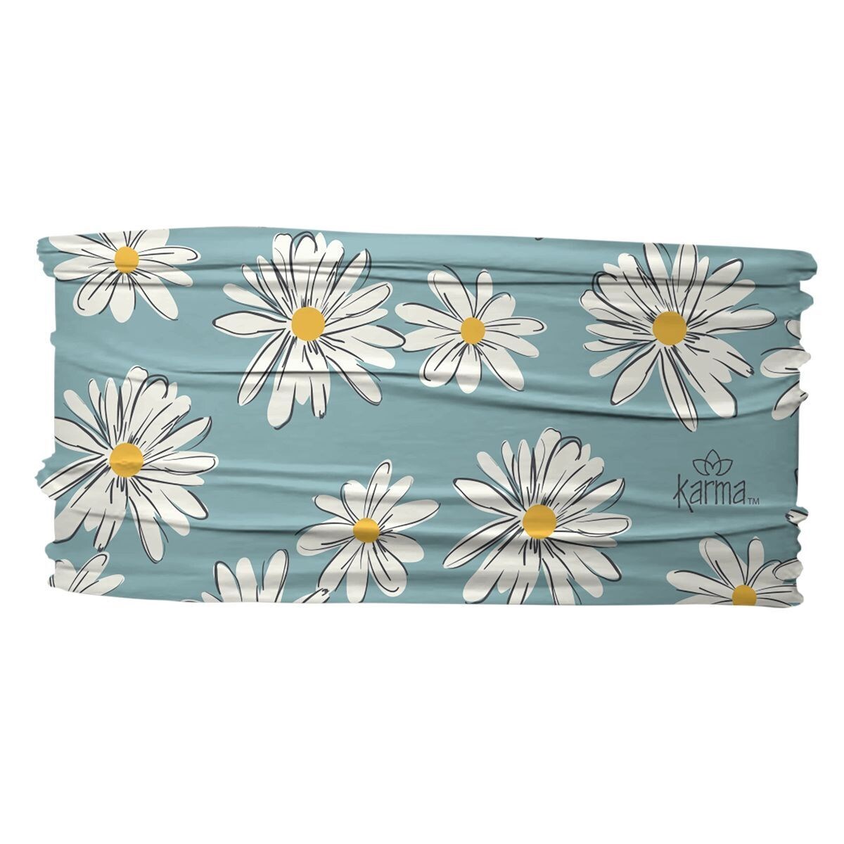 A blue stretch headband with a daisy print pattern.