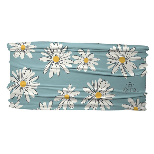 A blue stretch headband with a daisy print pattern.