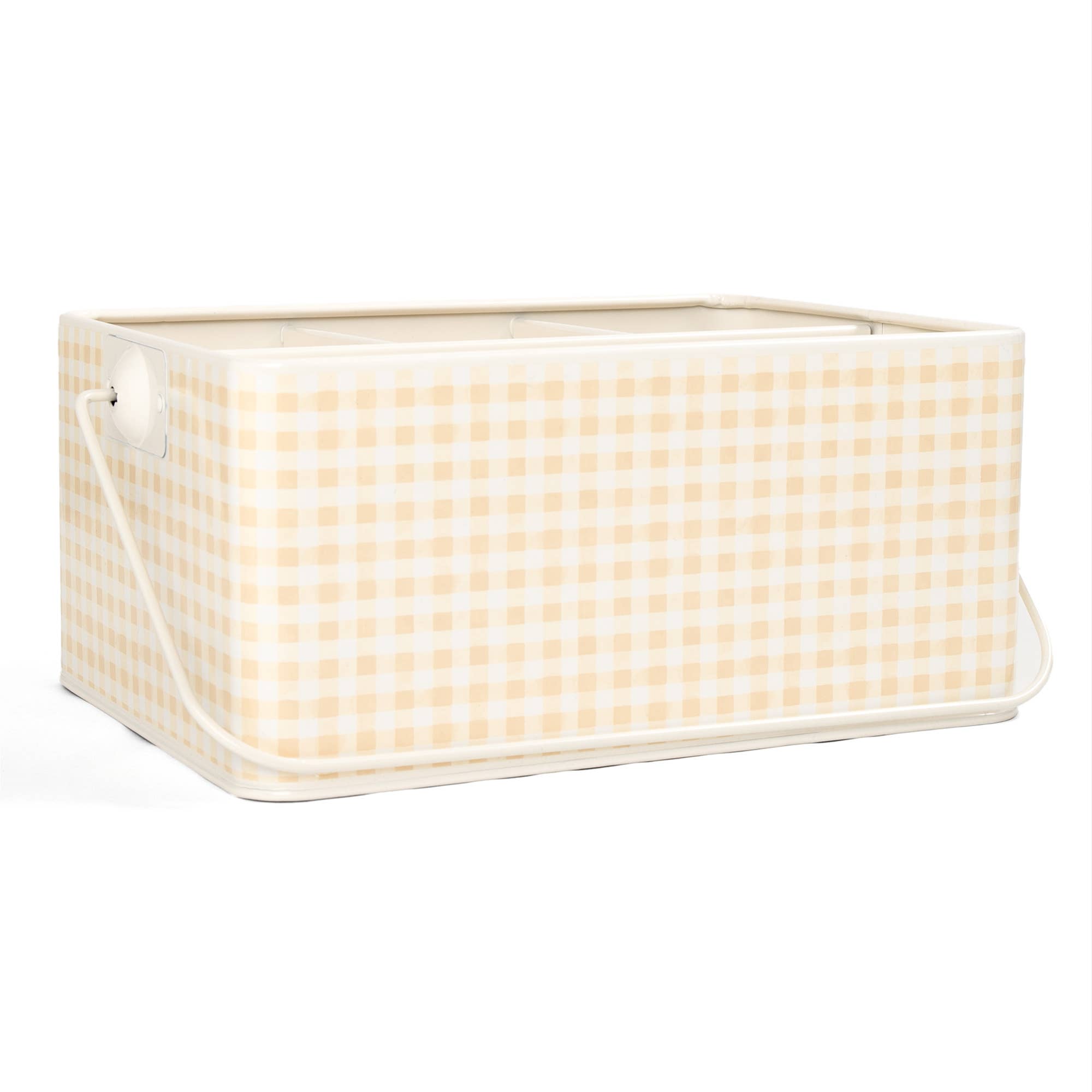 A beige gingham tin utensil caddy with a checkered pattern and a collapsible handle.
