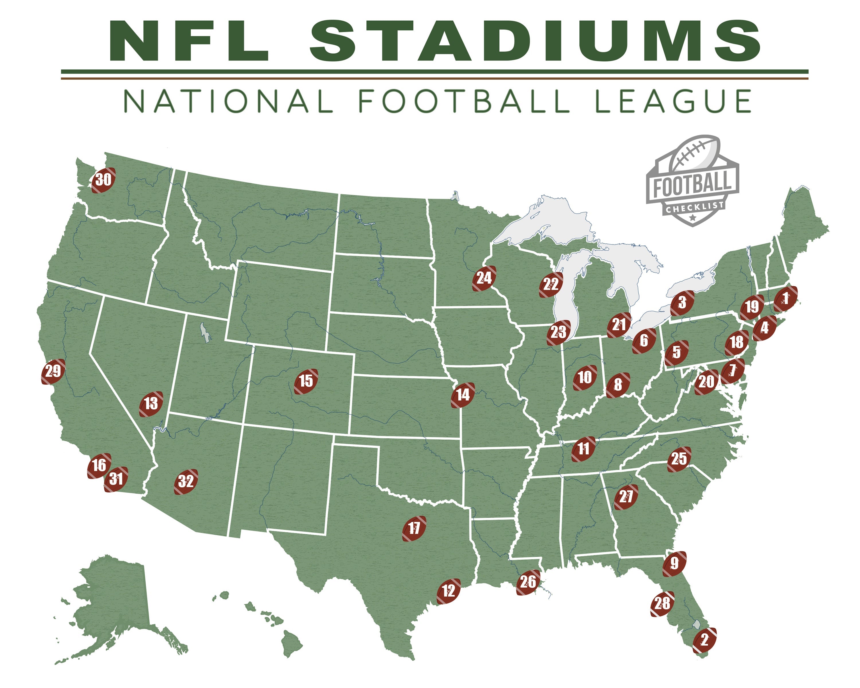 NFL STADIUM CHECKLIST POSTER (NATIONAL FOOTBALL LEAGUE)