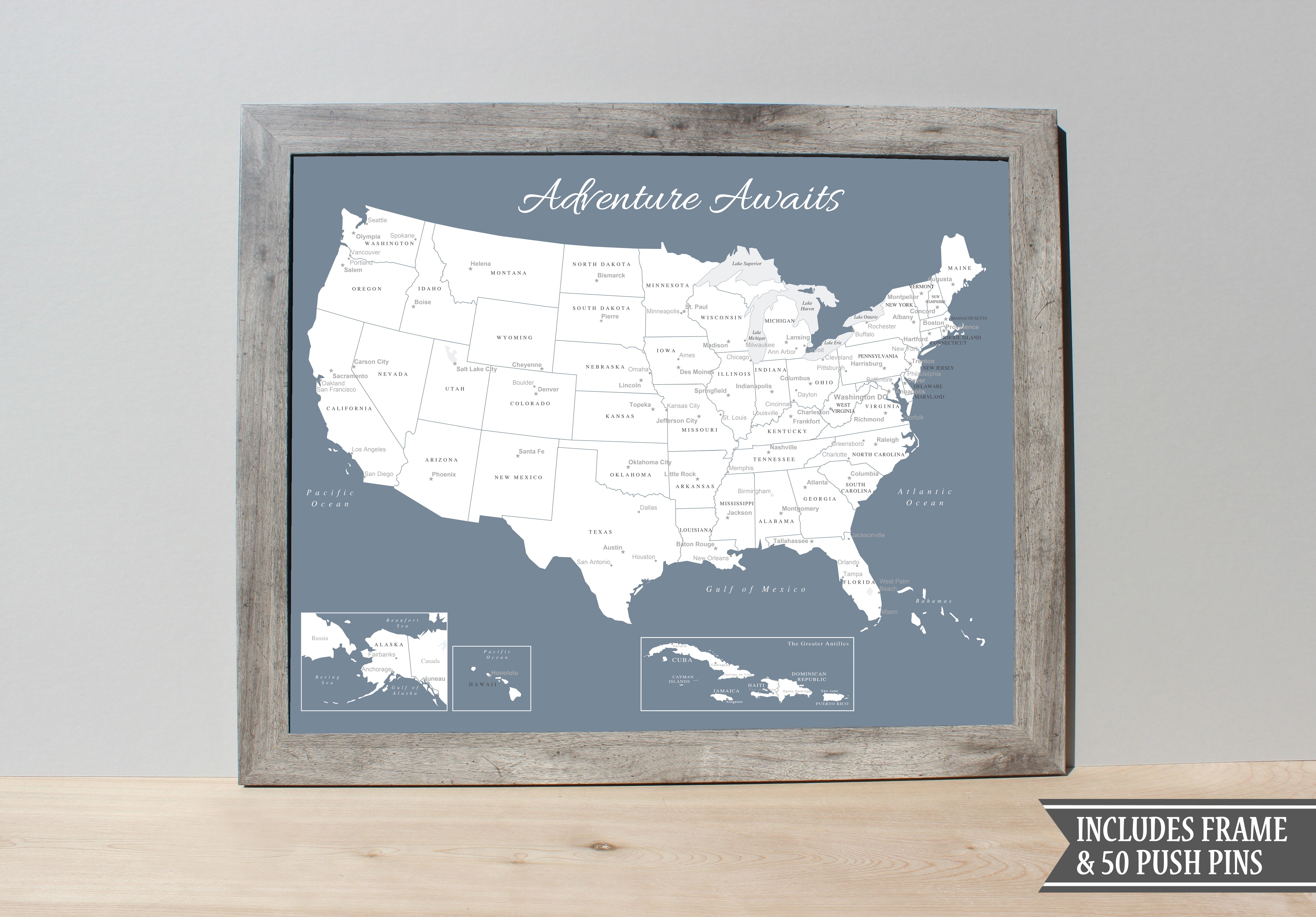 FRAMED USA PUSH PIN MAP - SLATE BLUE