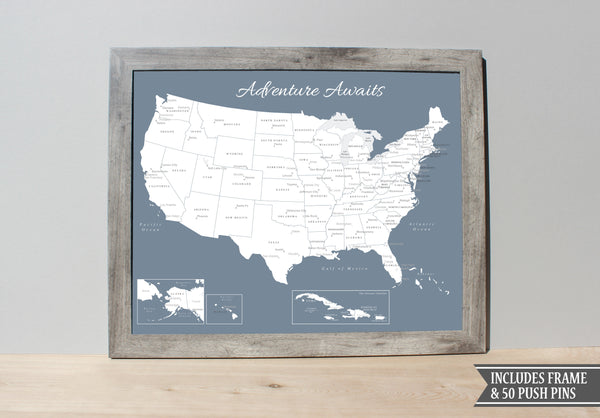 FRAMED USA PUSH PIN MAP - SLATE BLUE