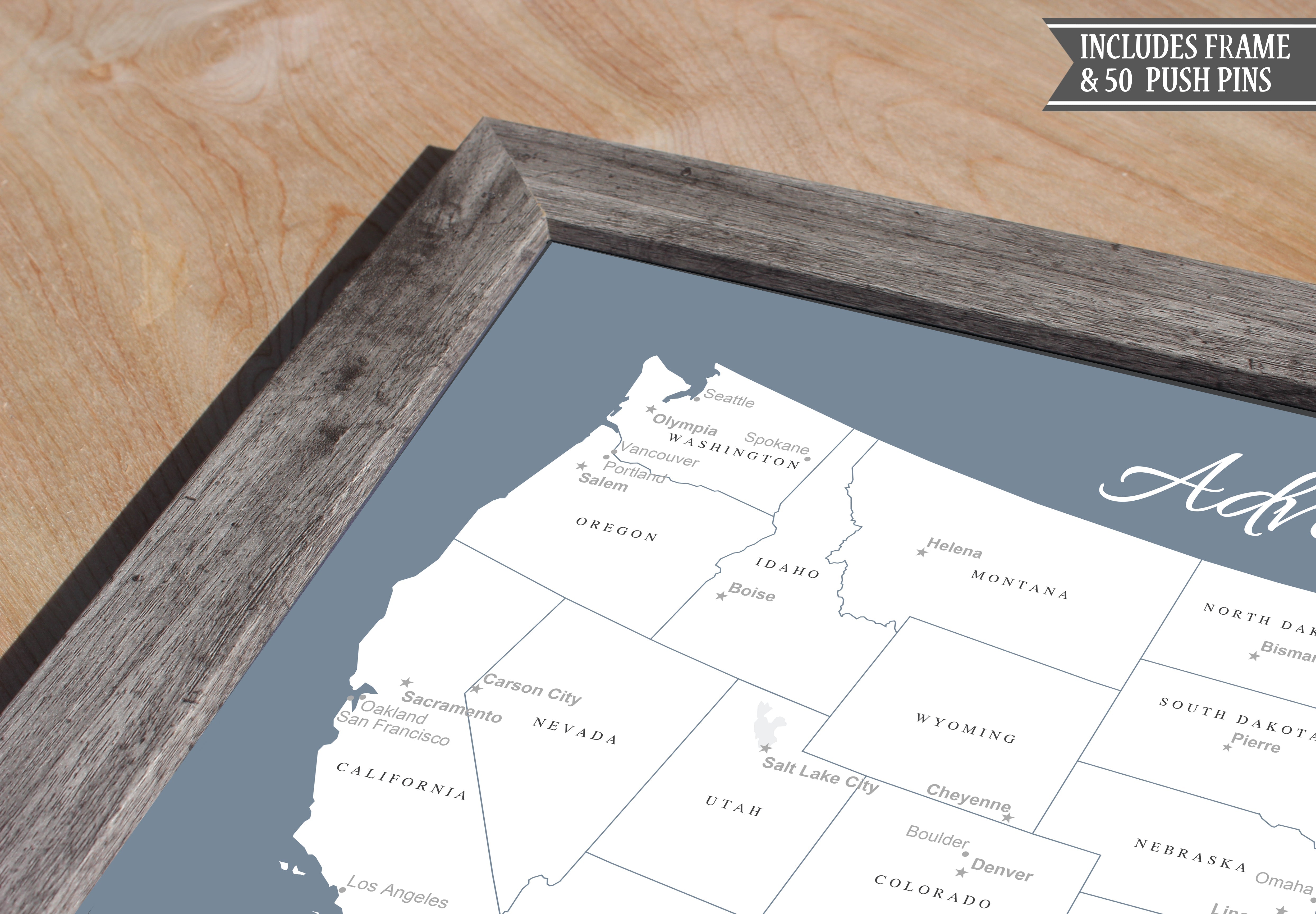 FRAMED WORLD PUSH PIN MAP - SLATE BLUE