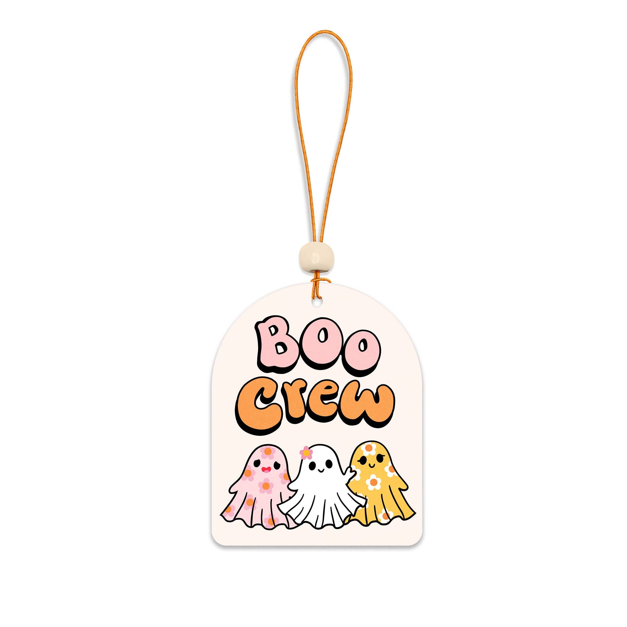 A hanging card air freshener with 'BOO CREW' text and illustrations of three ghosts in different colors.