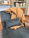 Gray cushion on a chair with a beige blanket draped over it in a cozy room.