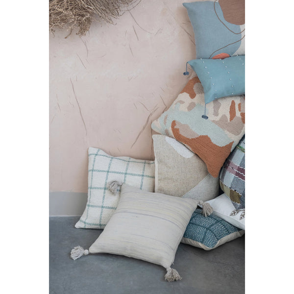 20" WOVEN COTTON PILLOW WITH EMBROIDERED GRID PATTERN