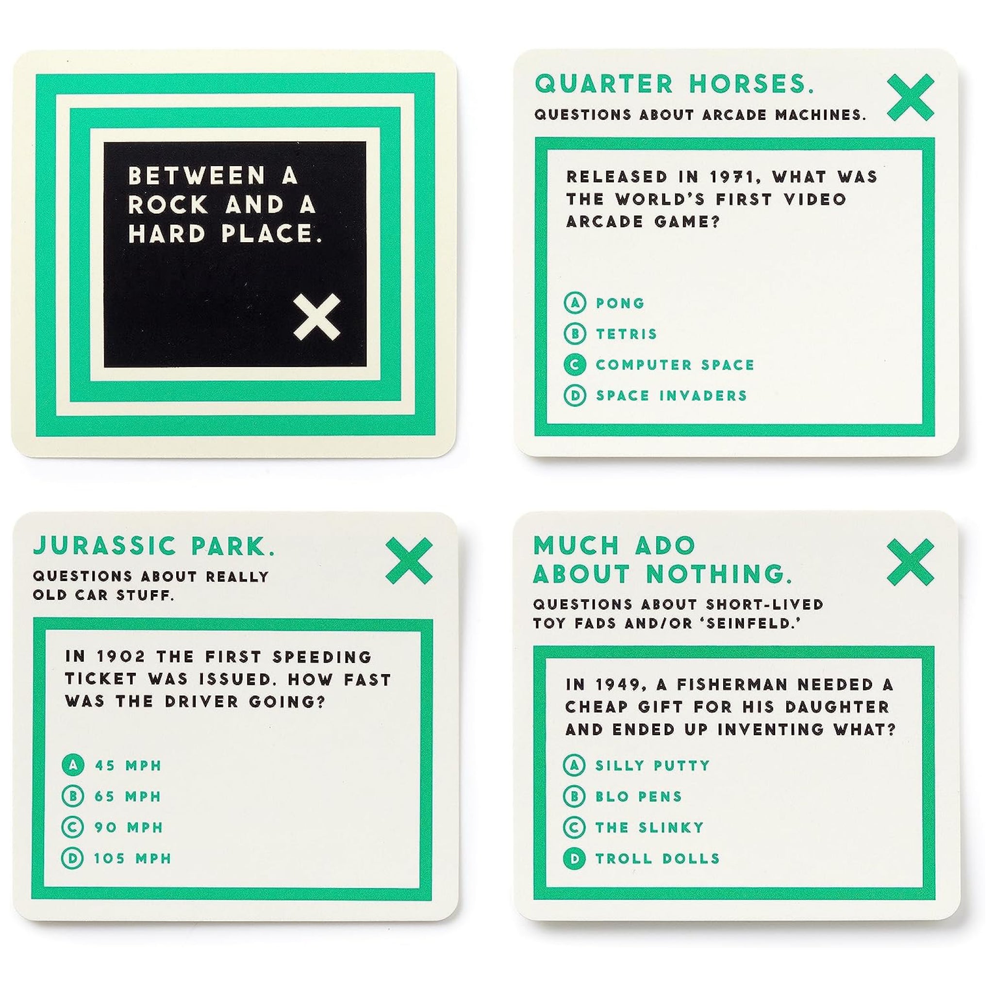 Four trivia cards with questions and answers on a white background