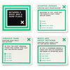 Four trivia cards with questions and answers on a white background