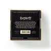 Black box with text and a barcode on a white background