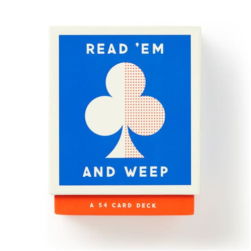 Card deck packaging with blue cover and red bottom section on a white background
