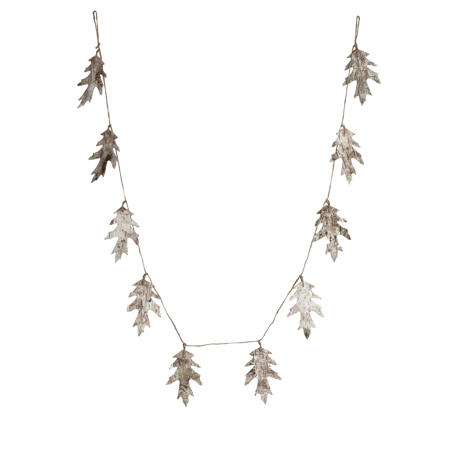 A garland consisting of oak leaves made from birch bark, strung together with jute cord against a white background.