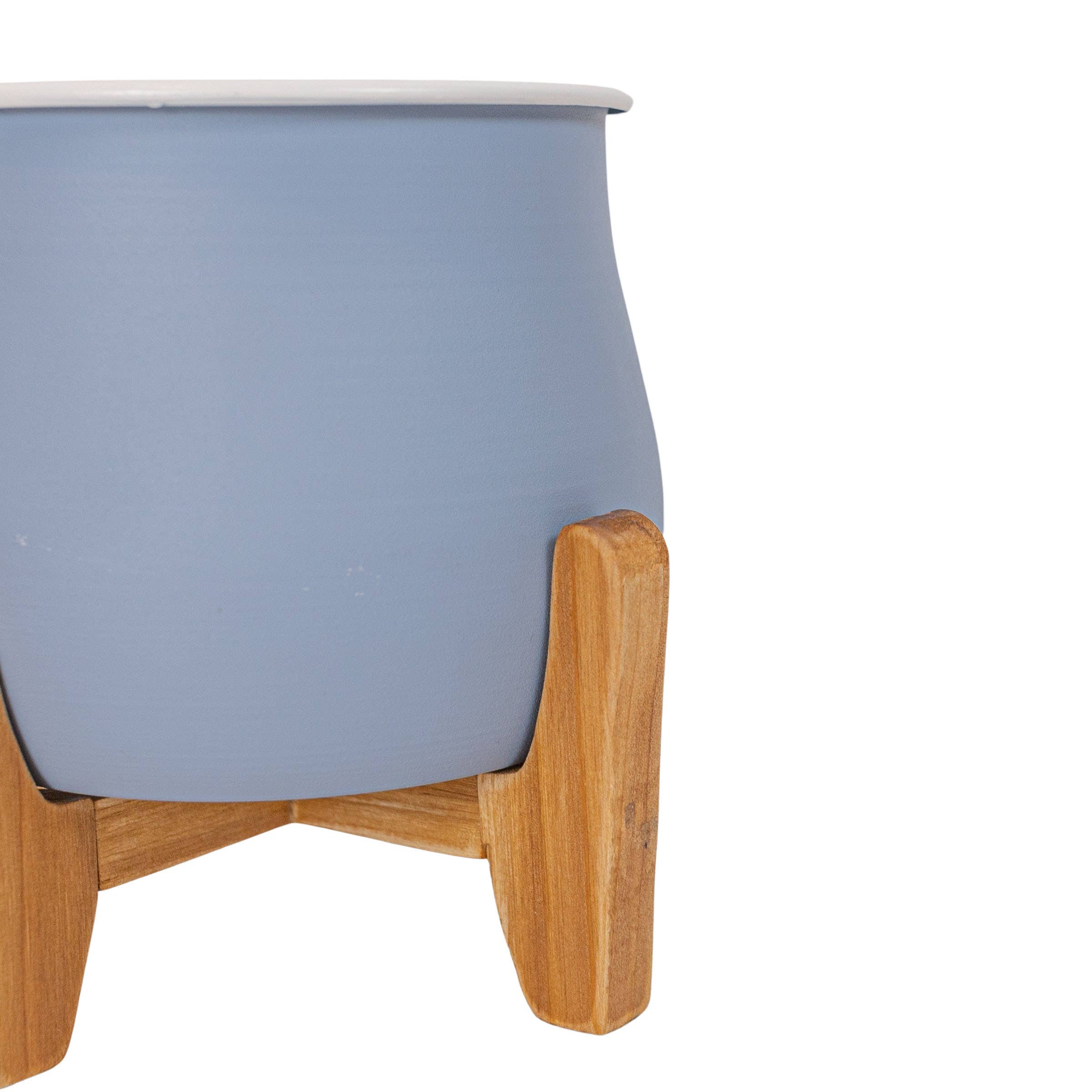 BELLE PLANTER POT WITH STAND VINTAGE BLUE METAL & WOOD
