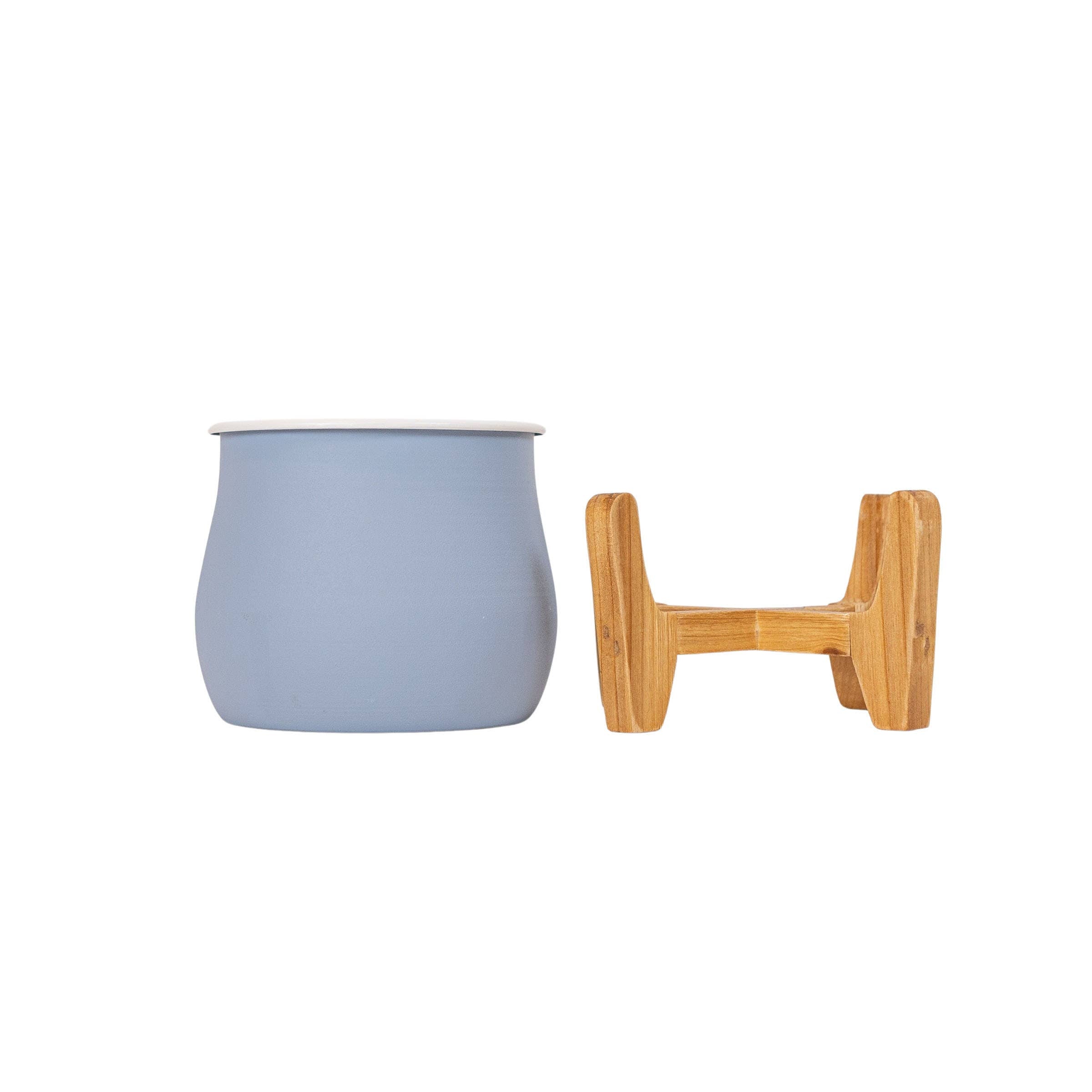 BELLE PLANTER POT WITH STAND VINTAGE BLUE METAL & WOOD
