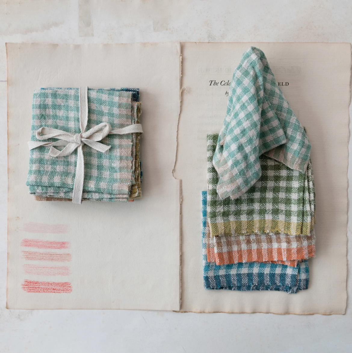 WOVEN LINEN NAPKINS, AQUA GINGHAM, SET OF 4