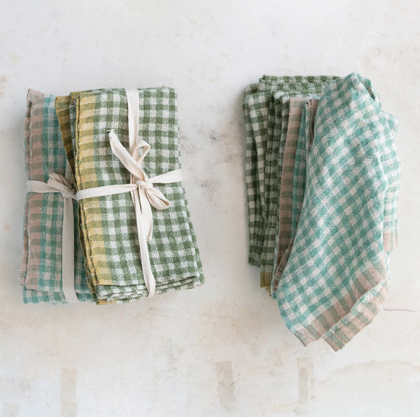 WOVEN LINEN NAPKINS, AQUA GINGHAM, SET OF 4