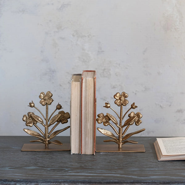 CAST IRON FLOWER SHAPED BOOKENDS, GOLD FINISH, SET OF2