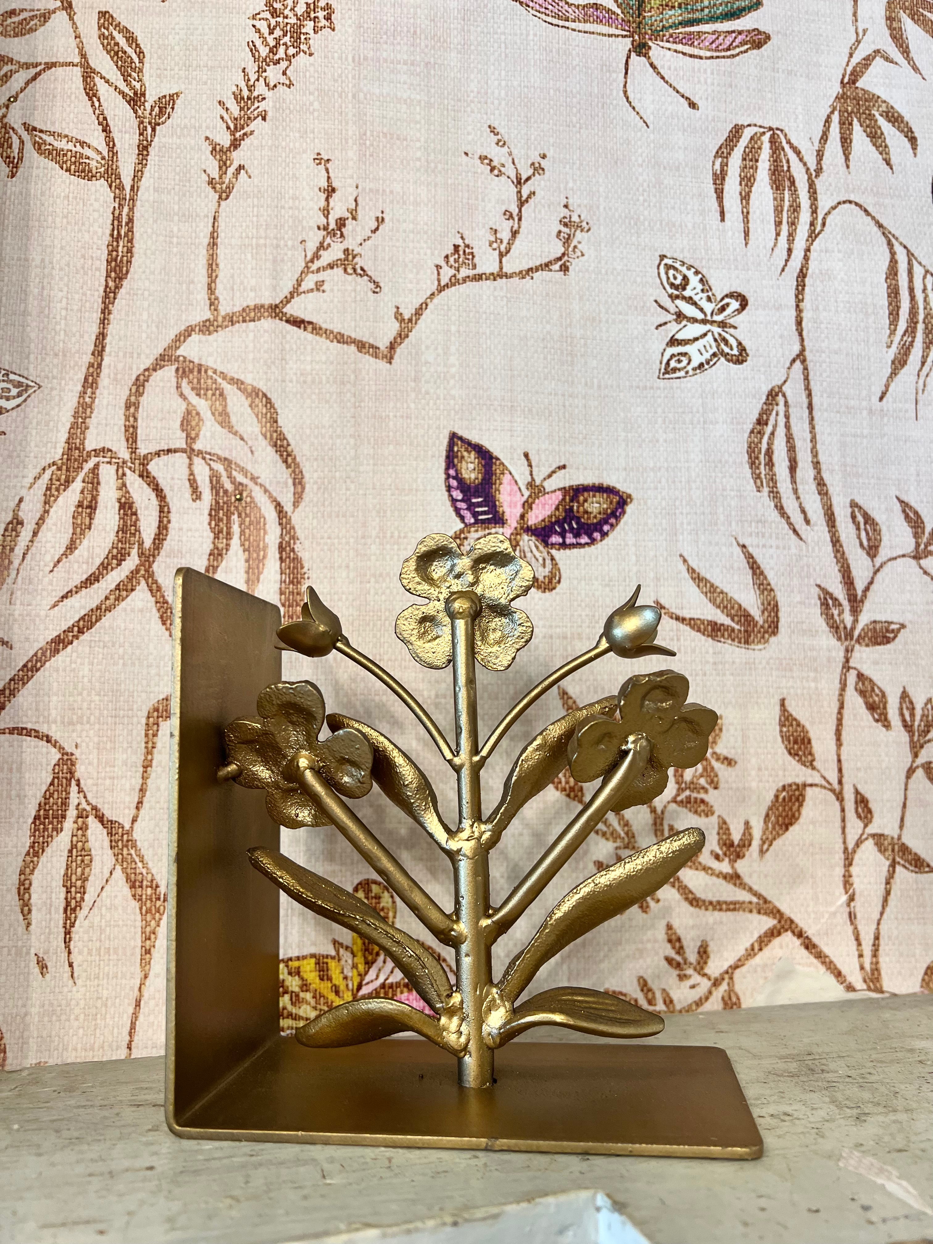 CAST IRON FLOWER SHAPED BOOKENDS, GOLD FINISH, SET OF2