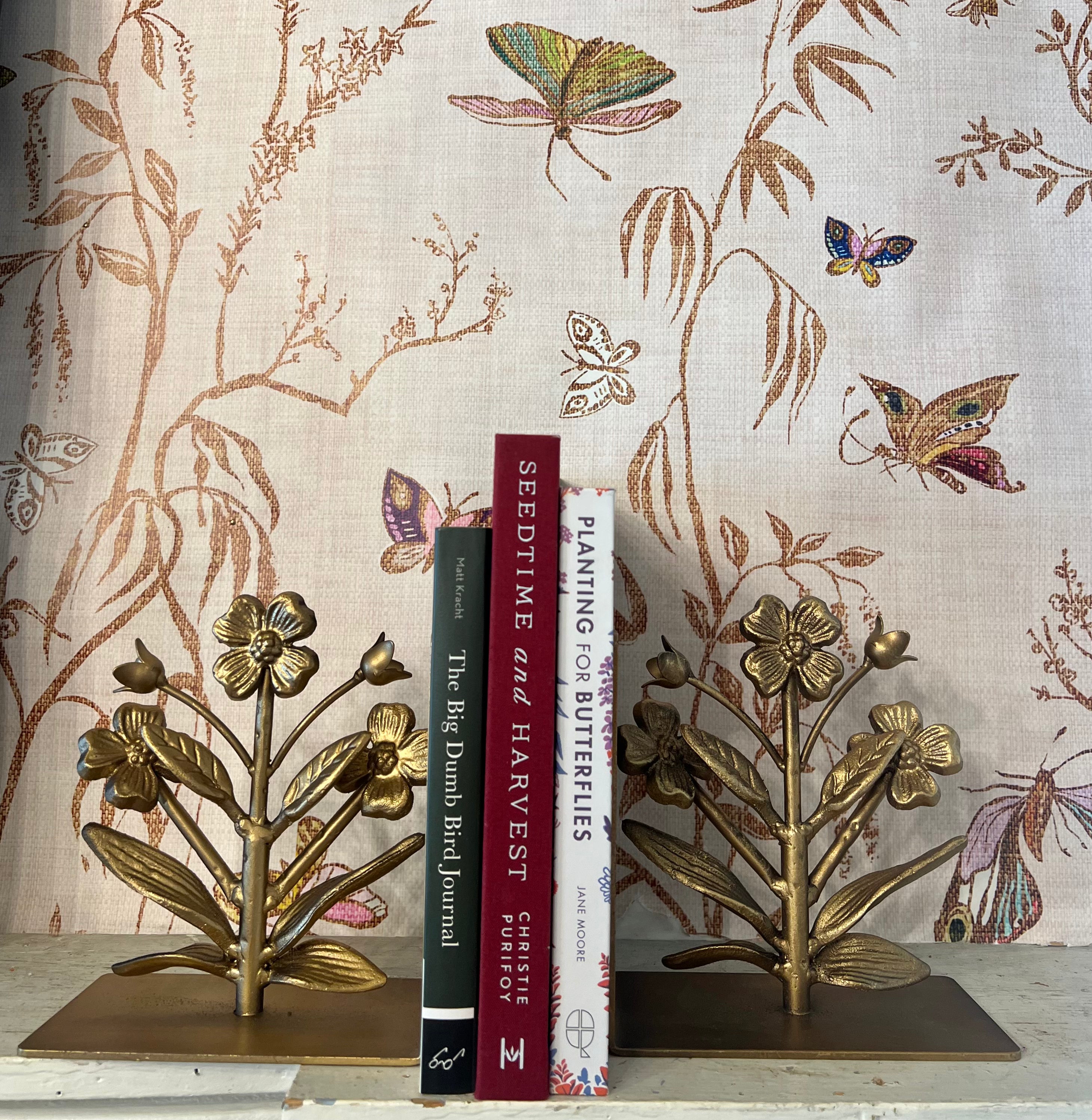 CAST IRON FLOWER SHAPED BOOKENDS, GOLD FINISH, SET OF2