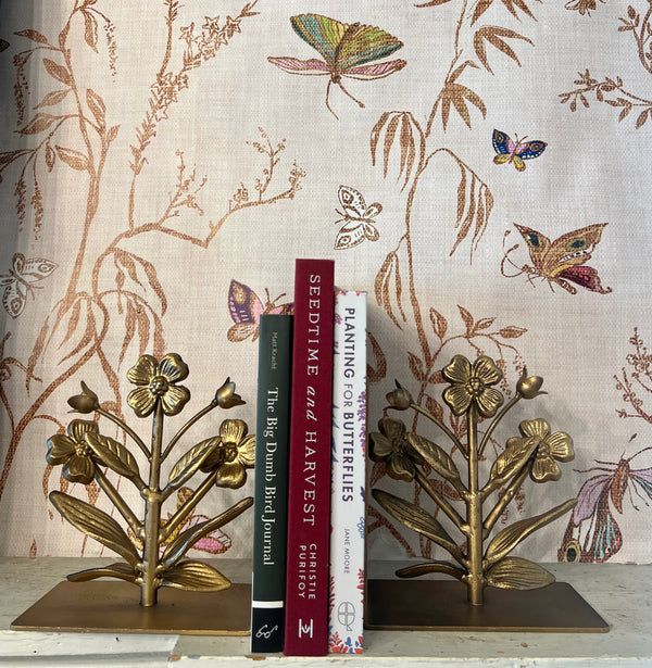 CAST IRON FLOWER SHAPED BOOKENDS, GOLD FINISH, SET OF2