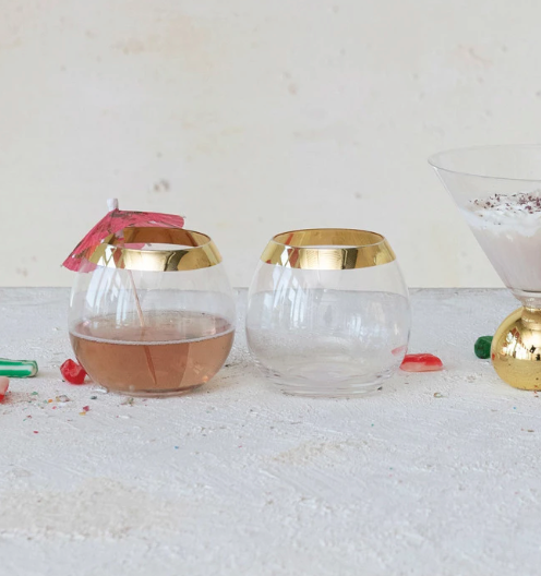 10 OZ STEMLESS DRINKING GLASS W/ GOLD ELECTROPLATED RIM