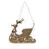 Gold plastic sleigh ornament with a reindeer design, hanging from a chain.
