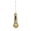 A glass microphone ornament with glitter and a gold finish, hanging from a chain against a white background.