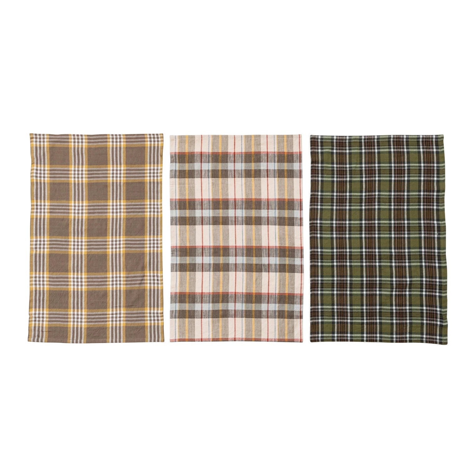 COTTON PRINTED TEA TOWELS W/ TIE W/ WOOD BEADS, MULTI COLOR PLAID, SET OF 3