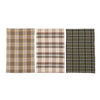 COTTON PRINTED TEA TOWELS W/ TIE W/ WOOD BEADS, MULTI COLOR PLAID, SET OF 3