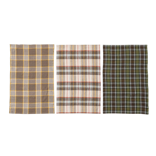 COTTON PRINTED TEA TOWELS W/ TIE W/ WOOD BEADS, MULTI COLOR PLAID, SET OF 3