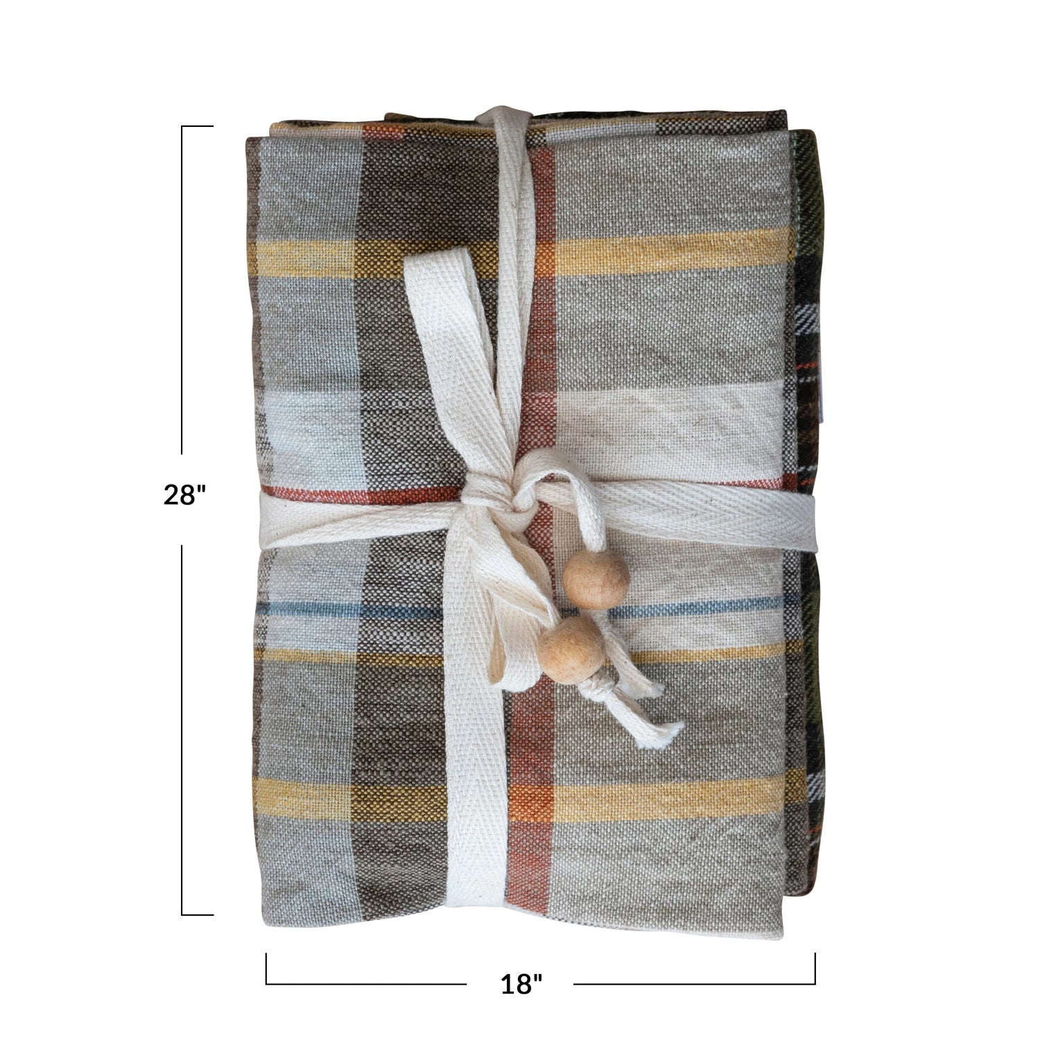 COTTON PRINTED TEA TOWELS W/ TIE W/ WOOD BEADS, MULTI COLOR PLAID, SET OF 3
