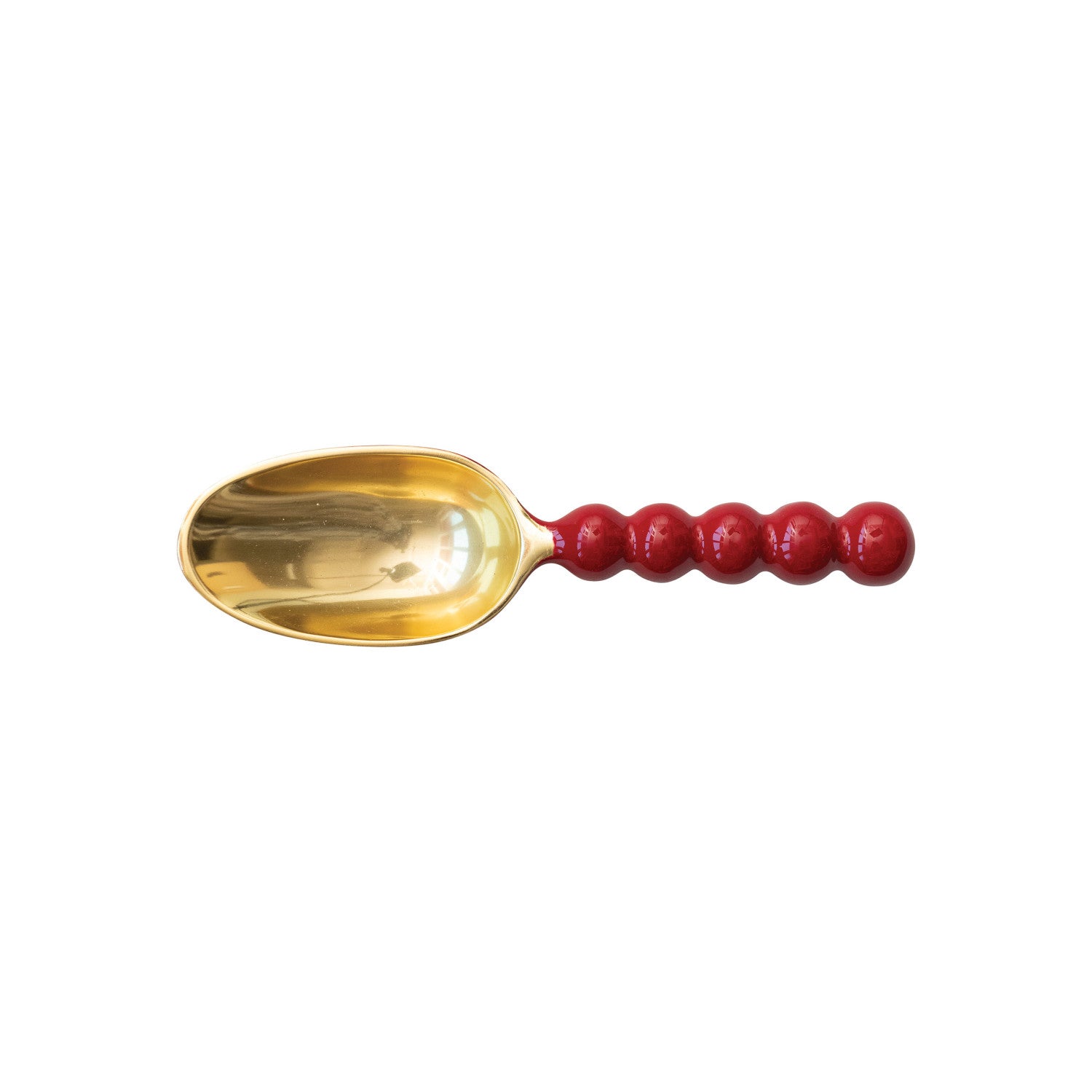 A red and gold finish enameled aluminum scoop with a smooth bowl and a handle.