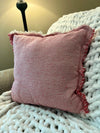 18" SQUARE WOVEN COTTON PILLOW W/ STRIPES & FRINGE, RED & WHITE