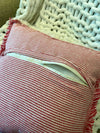 18" SQUARE WOVEN COTTON PILLOW W/ STRIPES & FRINGE, RED & WHITE