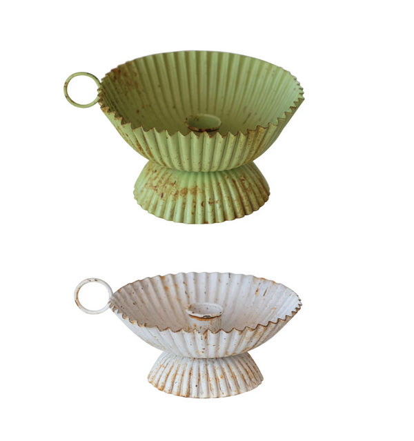 SCALLOPED PAINTED METAL TAPER HOLDER W/ HANDLE, DISTRESSED WHITE