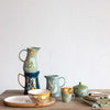 2 QUART HAND-PAINTED STONEWARE PITCHER W/ WAX RELIEF FLOWERS, MULTI COLOR