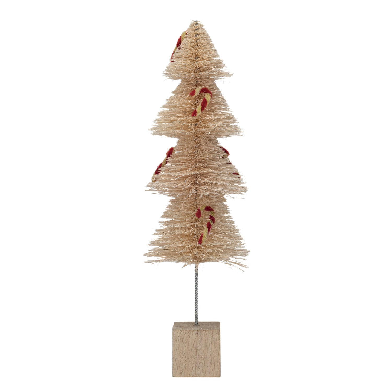 A beige-colored sisal bottle brush tree with chenille candy cane decorations and a wooden base painted in white and red colors.