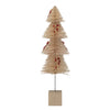 A beige-colored sisal bottle brush tree with chenille candy cane decorations and a wooden base painted in white and red colors.