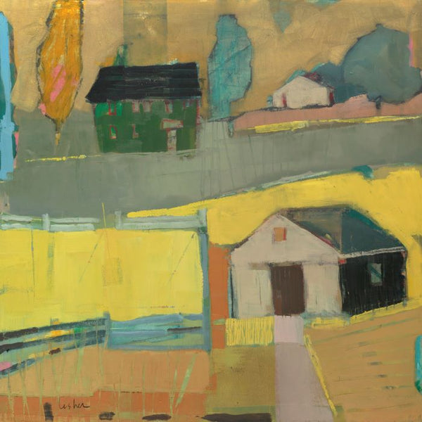 Square 8x8 print sold with off-white matting for a 12x12 finish. Two dimensional summer portrait painting of countryside featuring farmhouses. Done by Pennsylvania contemporary female artist, Carol Lesher.