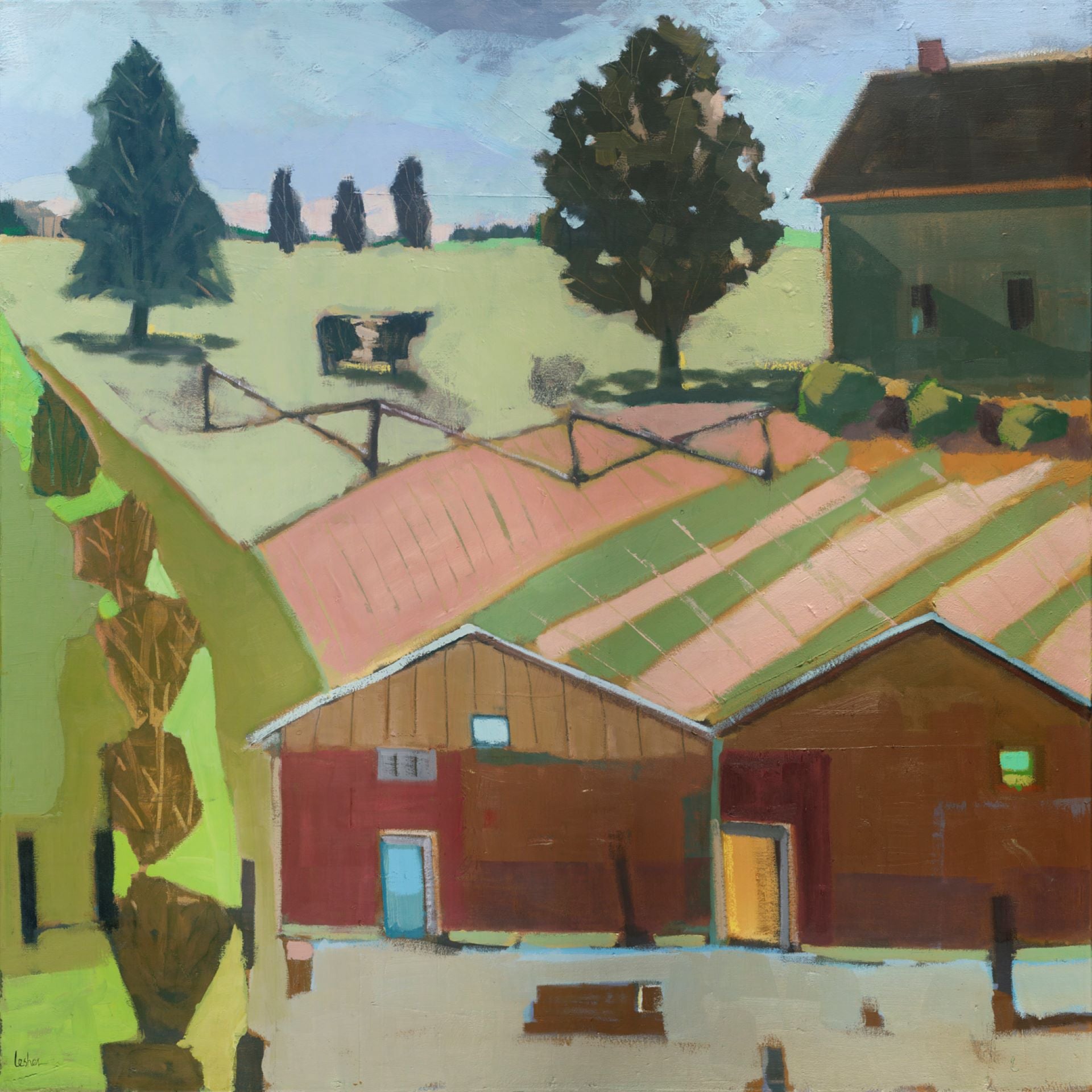 Square 8x8 print sold with off-white matting for a 12x12 finish. Two dimensional summer portrait painting of countryside featuring farmhouses. Done by Pennsylvania contemporary female artist, Carol Lesher.