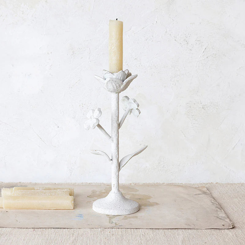 COARSE CAST IRON FLOWER TAPER HOLDER W/ FLOWERS
