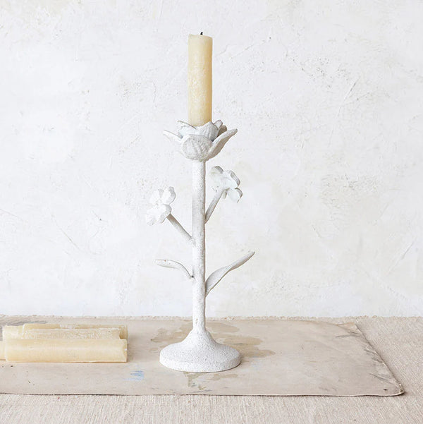 COARSE CAST IRON FLOWER TAPER HOLDER W/ FLOWERS